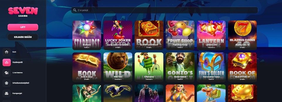 Kuvankaappaus Seven Casinon peliaulasta, kuvassa 18 pelin kuvakkeet