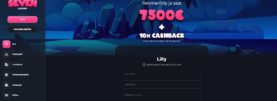 Kuvankaappaus Seven Casinolle rekisteröitymisestä, kuvassa tervetuliaisbonus + 10 % cashback ja rekisteröitymislomake