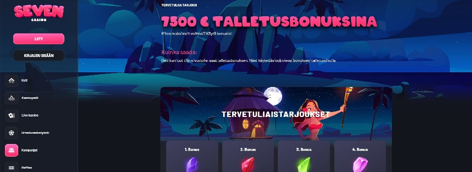 Kuvankaappaus Seven Casinon tervetuliaisbonuksesta, kuvassa tervetuliaisbonus 4:lle ensitalletukselle