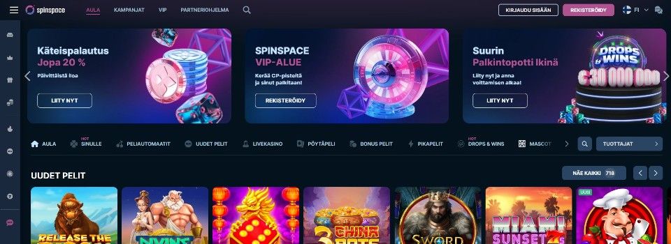 Kuvankaappaus SpinSpace Casinon etusivusta, kuvassa 3 tarjousta, pelivalikot ja 7 pelin kuvakkeet