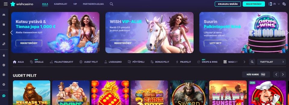 Kuvankaappaus Wish Casinon etusivusta, kuvassa valikot, 3 tarjousta ja 7 pelin kuvakkeet