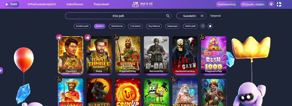Kuvankaappaus Bet It All Casinon peliaulasta, kuvassa pelivalikot ja 12 suositun pelin kuvakkeet