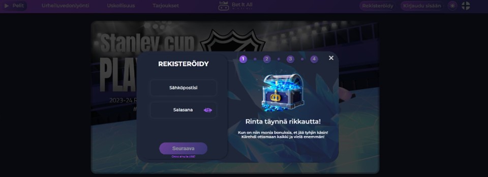 Kuvankaappaus Bet It All Casinolle rekisteröitymisestä, kuvassa lomake ja aarrearkku