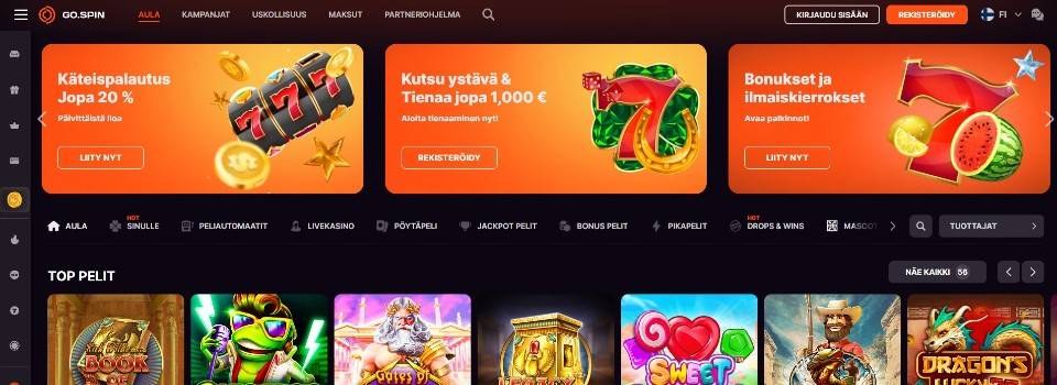 Kuvankaappaus GoSpin Casinon etusivusta, kuvassa 3 tarjousta ja peliautomaattien kuvakkeita