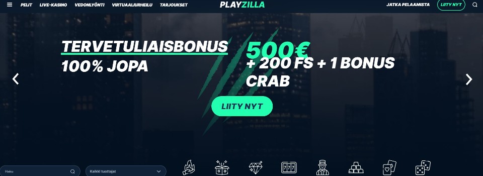 kuvankaappaus Playzilla Casinon etusivusta, kuvassa tervetuliaisbonus ja pelivalikot