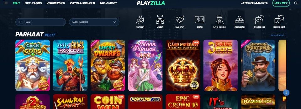 kuvankaappaus Playzilla Casinon peliaulasta, kuvassa pelivalikot ja 7 parhaan pelin kuvakkeet