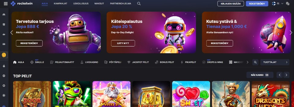 Kuvankaappaus RocketWin Casinon etusivusta, kuvassa valikot, 3 tarjousta ja peliautomaattien kuvakkeita