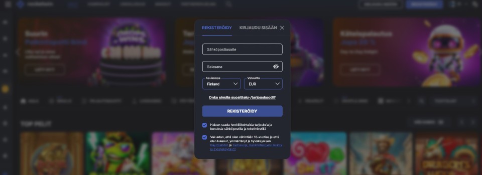 Kuvankaappaus RocketWin Casinolle rekisteröitymisestä, kuvassa rekisteröitymislomake