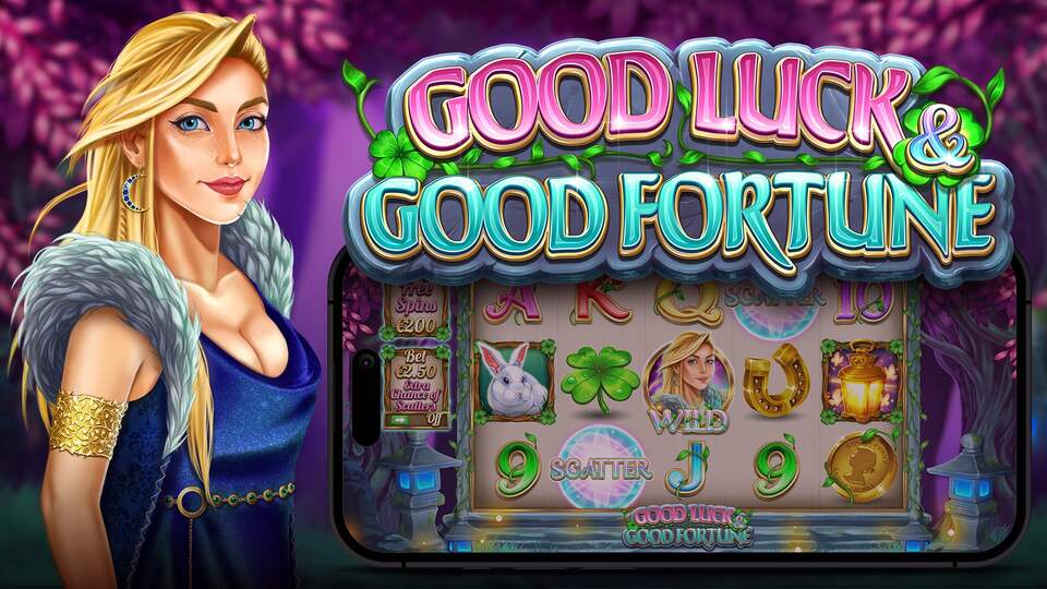 Fantasy-themed slot game interface featuring a blonde woman in a blue dress with fur accents and gold jewelry. The text 'Good Luck & Good Fortune' is displayed above the game, with symbols like a rabbit, clover, horseshoe, lantern, and coin on the reels, set against a mystical forest backdrop.