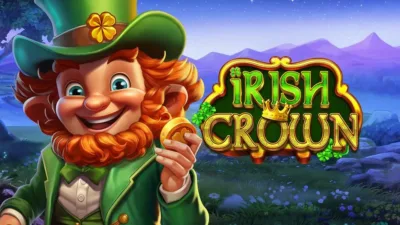 Irish Crown logo with a Leprechaun holding a coin, dressed in green