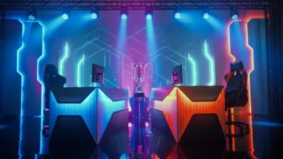 Empty Computer Gaming eSports Championship Arena with Winner Trophy Standing on a Stage