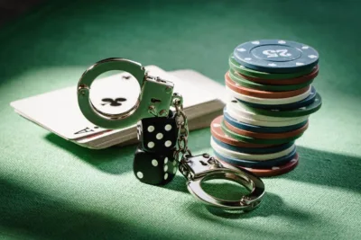 Gambling ban image of handcuffs, dice, poker chips and cards on a green table.