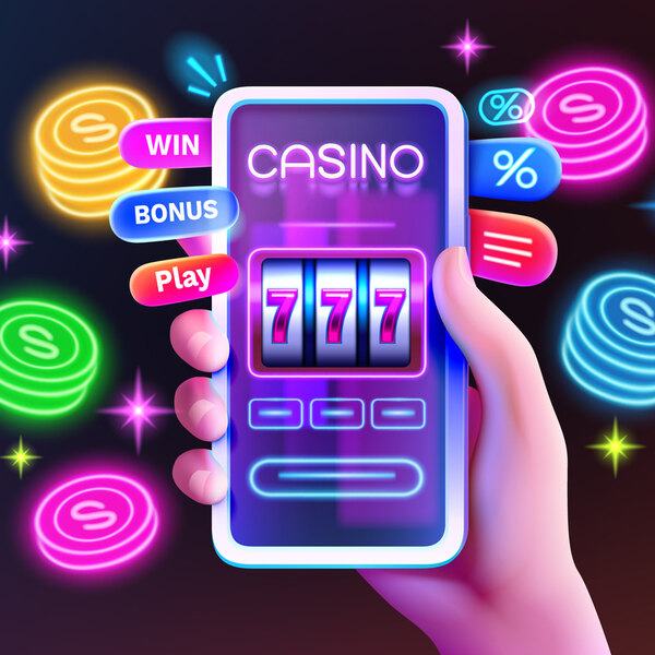 Online casino games and slots on a vector image of a phone with neon chips and money in the background.