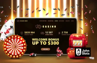 Online casino, banner with tablet, slot machine, Casino Wheel Fortune, poker chips and playing cards in gold scene with yellow vertical lamps on background