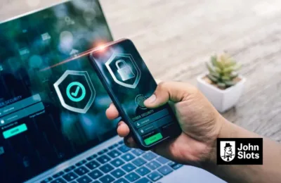An image of both a laptop screen and mobile device showing security symbols