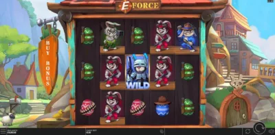 Screenshot of the slots game E-force, showing armed rabbit characters in a slots grid.