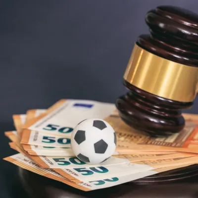 Judge gavel, football soccer ball, euro banknotes stock