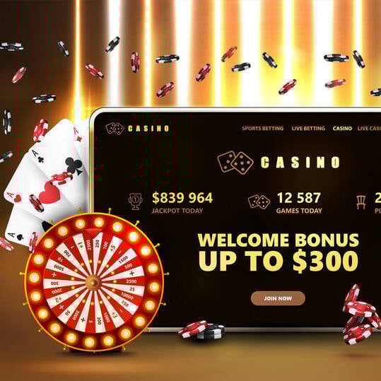 Online casino, banner with tablet, slot machine, Casino Wheel Fortune, poker chips and playing cards in gold scene with yellow vertical lamps on background