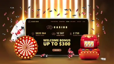 Online casino, banner with tablet, slot machine, Casino Wheel Fortune, poker chips and playing cards in gold scene with yellow vertical lamps on background