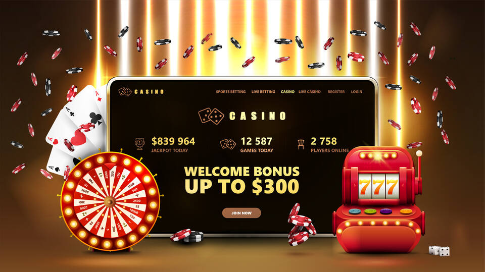 Online casino, banner with tablet, slot machine, Casino Wheel Fortune, poker chips and playing cards in gold scene with yellow vertical lamps on background