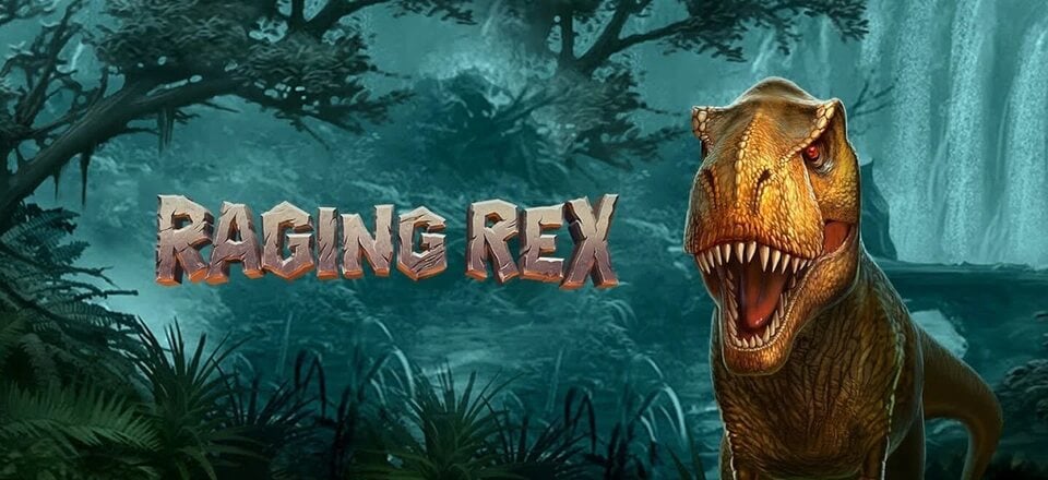 Raging Rex banner with T-rex and logo