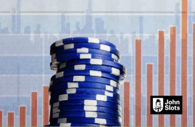 Casino chips stacked in front of a financial graph.