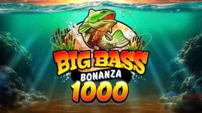 Big Bass Bonanza 1000 logo with a jumping bass fish against a watery background.