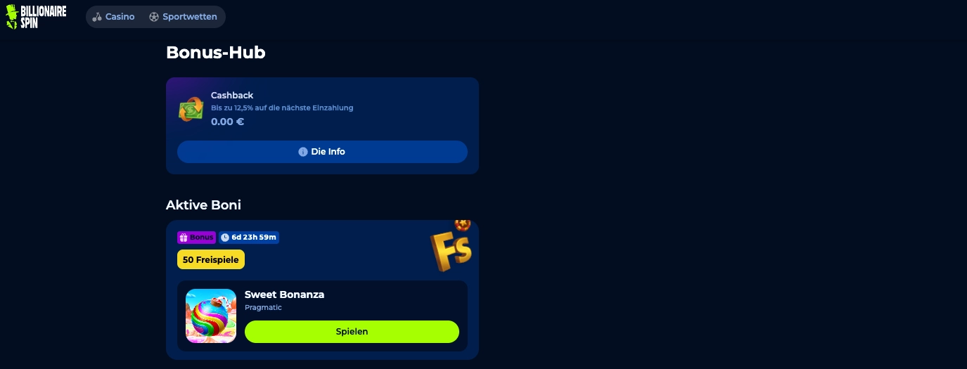 BillionaireSpin Casino Bonus ohne Einzahlung