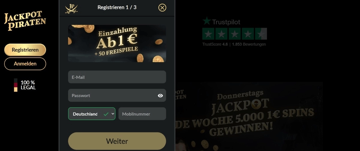 Registrieren auf JackpotPirates
