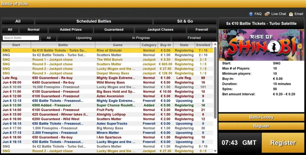 Videoslots Battle of Slots tournament board